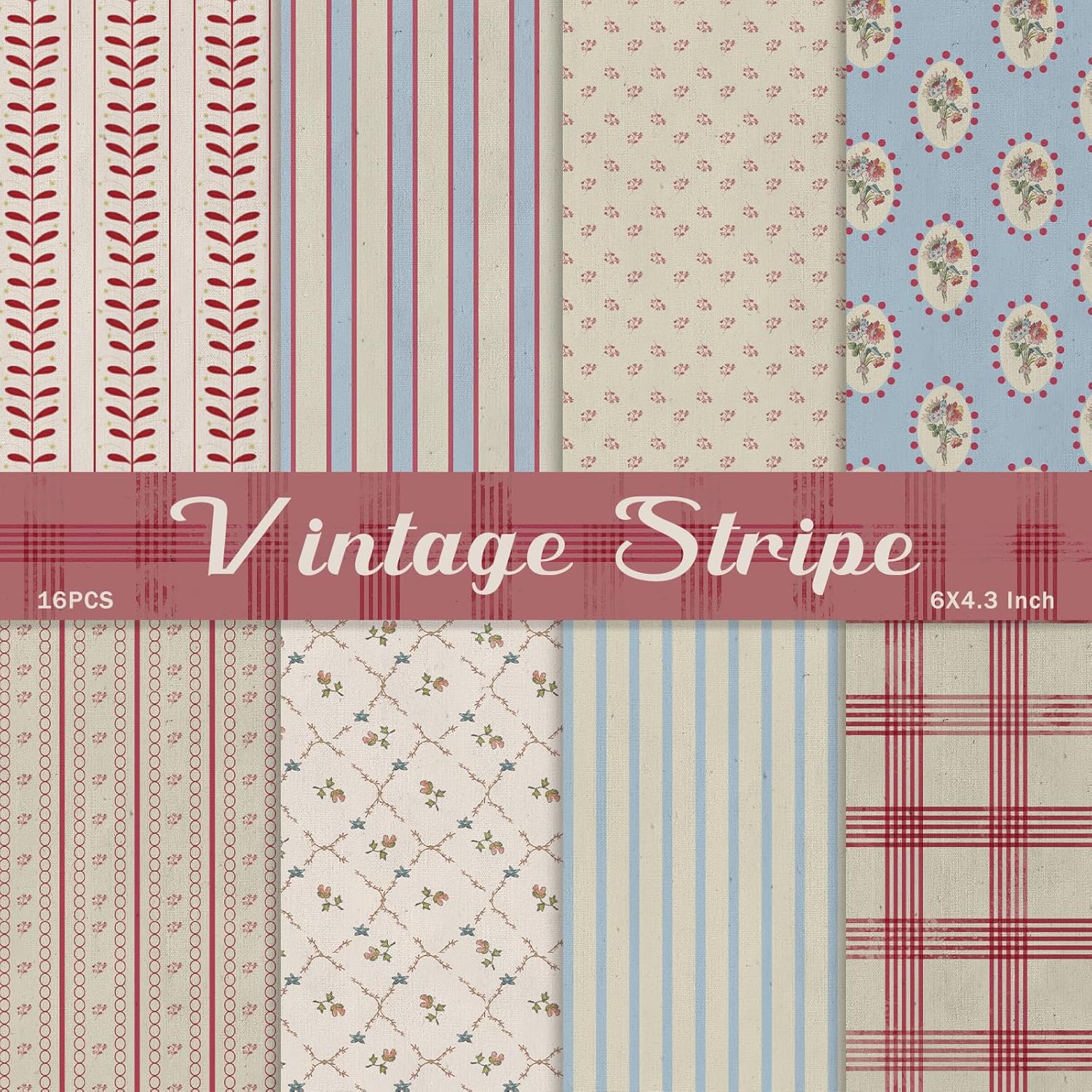 PRSTINCOL Scrapbook Paper.16 Sheets 4.1x5.8 Inch Vintage Stripe Style Scrapbook Supplies.Single-Sided Vivid Origami Decoupage Paper for DIY Crafts. Card Making. Art Journaling