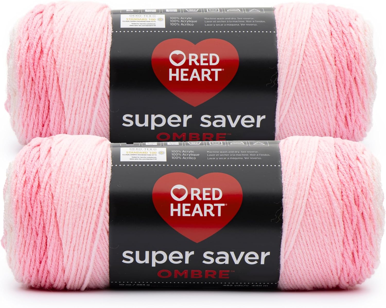 Red Heart Super Saver Jumbo Light Pink Yarn - 2 Pack of 10oz/283g - 100% Acrylic - #4 Worsted (Medium) - 482 Yards - Knitting/Crochet
